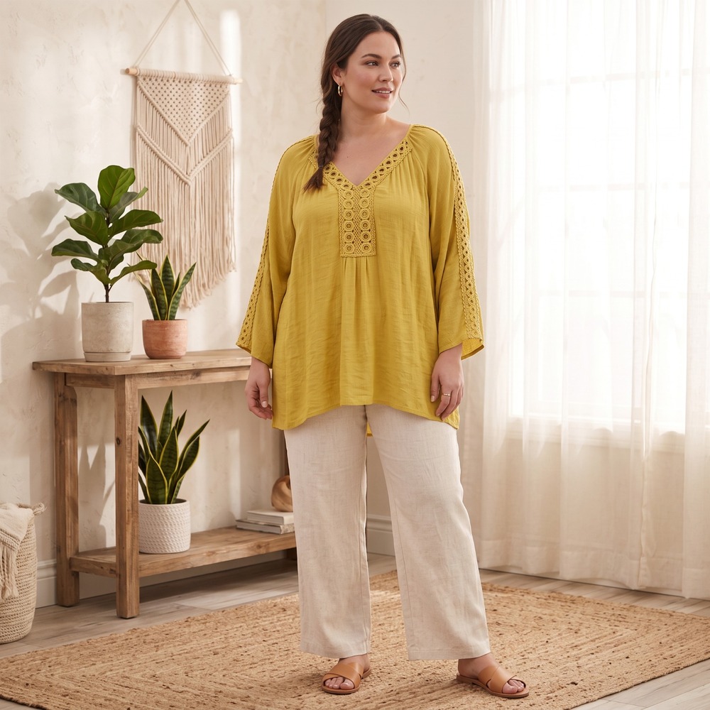 Zac Rachel Peasant Boho Top Chartreuse Crochet Lace Flowy V‎ Neck Mori Kei 1X